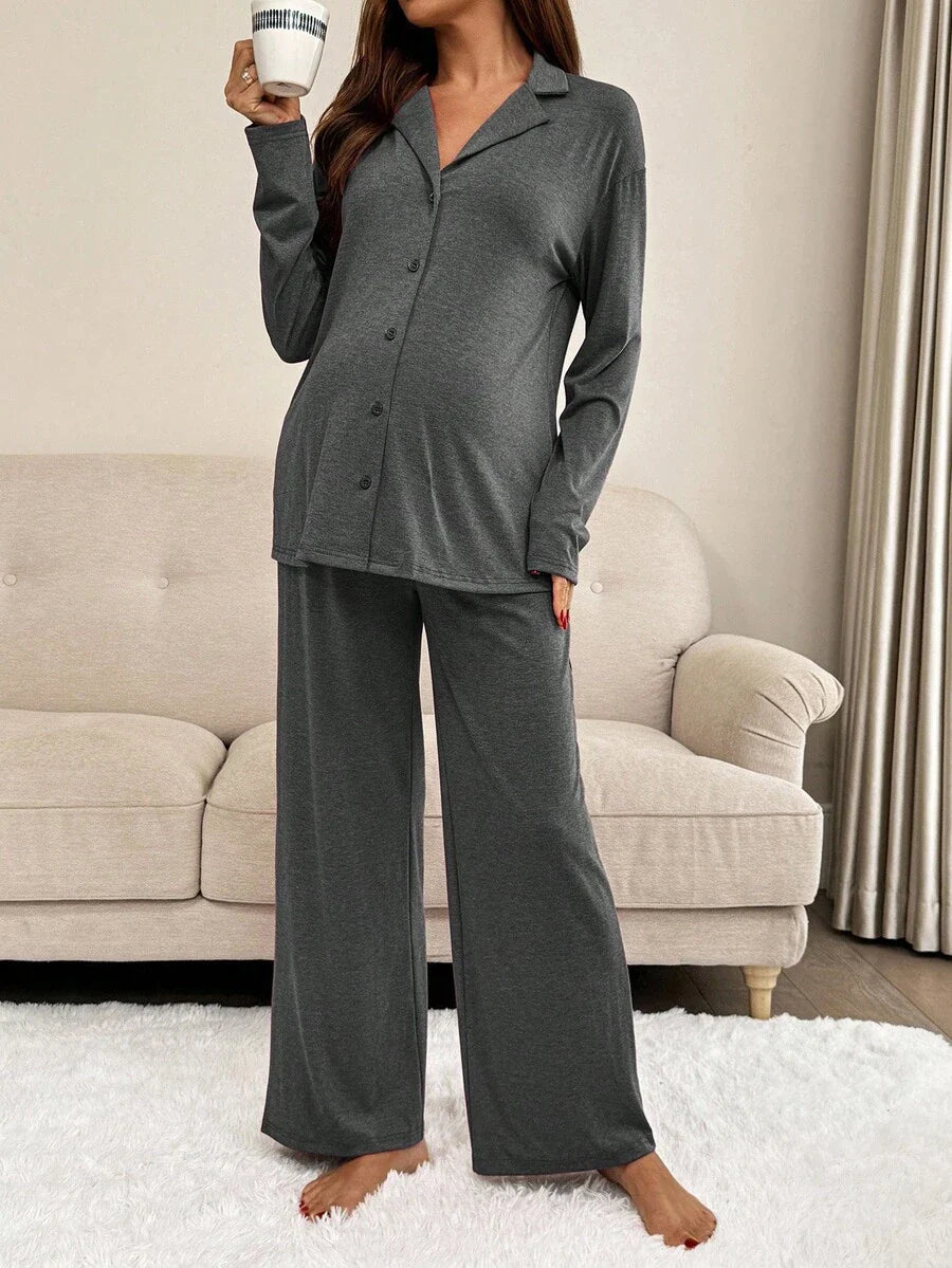 Khaki 2 Piece Maternity Loungewear Set - V-Neck Button Front Long Sleeve Top and Pants - Casual Loose Fit Maternity Sleepwear Suit
