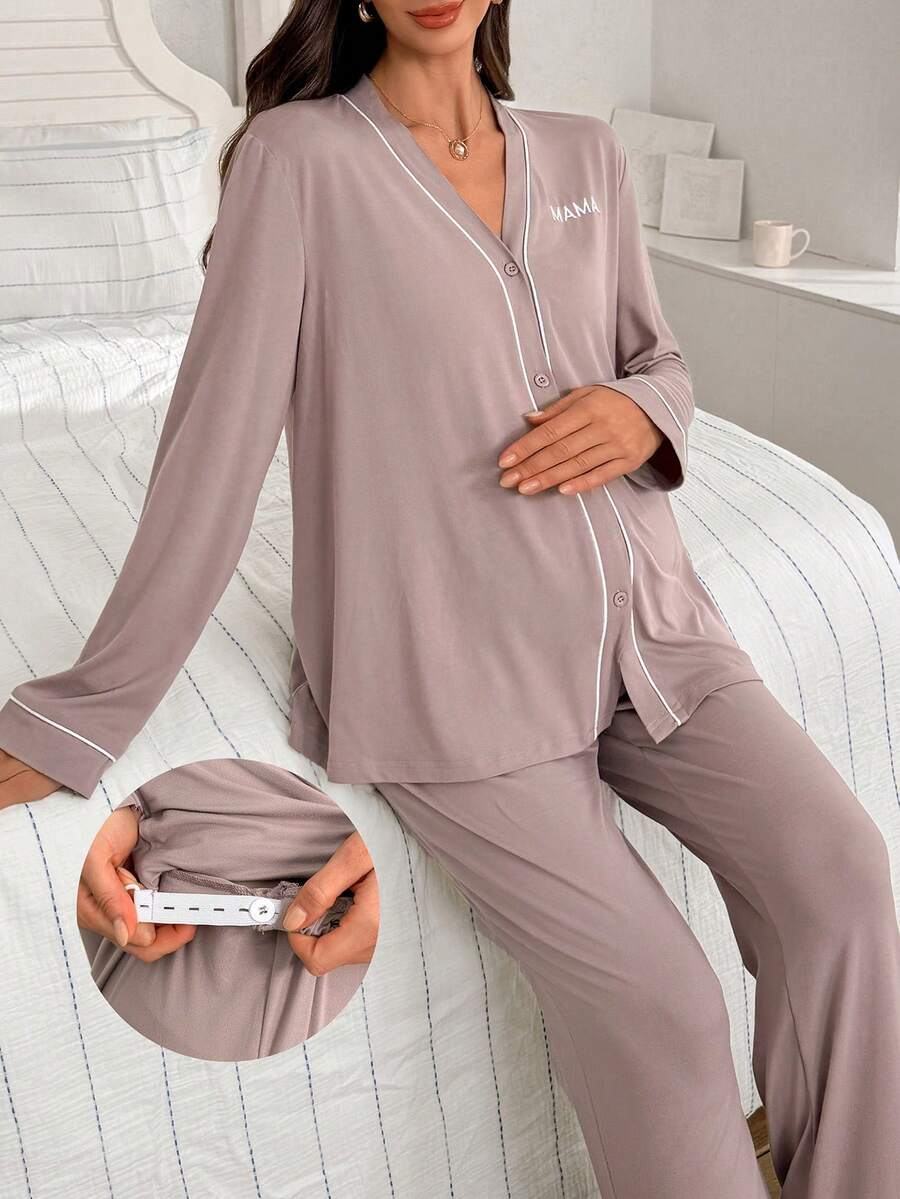 Burgundy Contrast Trim V-Neck Robe and Letter Embroidery Pants Maternity Lounge Set - 2 Piece Cozy Fall and Winter Sleepwear Set