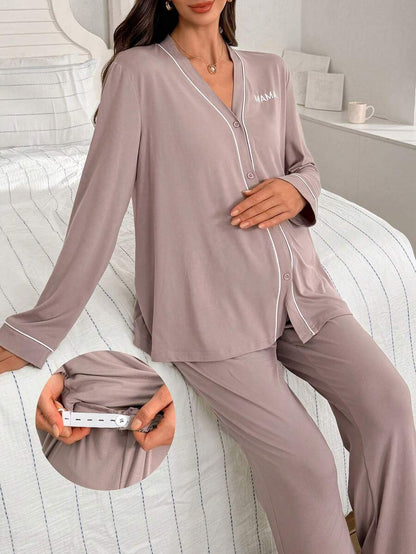 Burgundy Contrast Trim V-Neck Robe and Letter Embroidery Pants Maternity Lounge Set - 2 Piece Cozy Fall and Winter Sleepwear Set