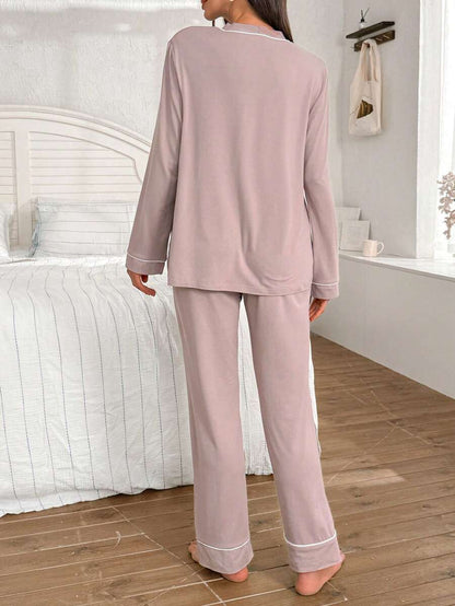 Burgundy Contrast Trim V-Neck Robe and Letter Embroidery Pants Maternity Lounge Set - 2 Piece Cozy Fall and Winter Sleepwear Set