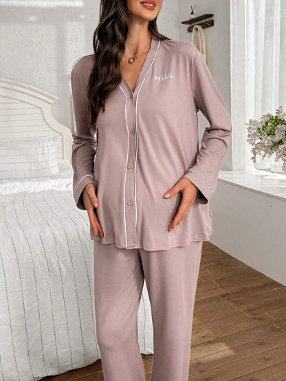 Burgundy Contrast Trim V-Neck Robe and Letter Embroidery Pants Maternity Lounge Set - 2 Piece Cozy Fall and Winter Sleepwear Set