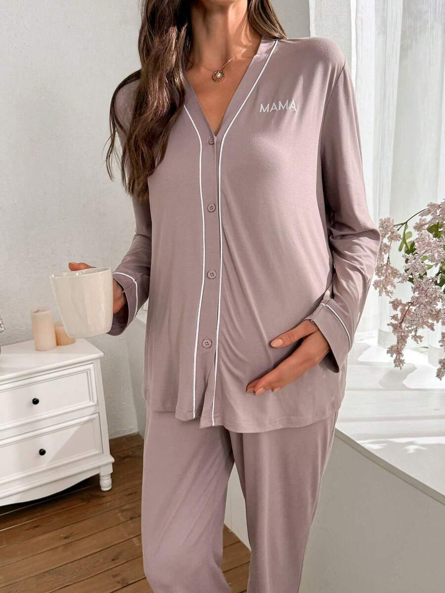 Burgundy Contrast Trim V-Neck Robe and Letter Embroidery Pants Maternity Lounge Set - 2 Piece Cozy Fall and Winter Sleepwear Set