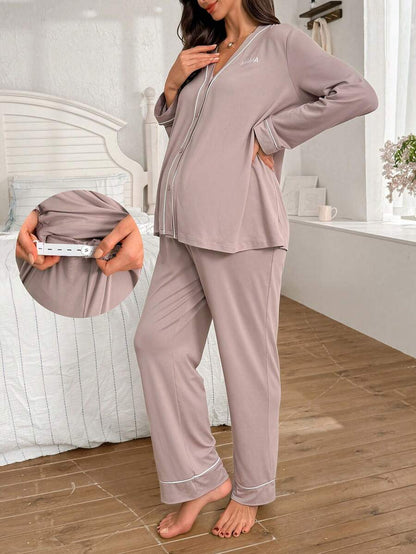Burgundy Contrast Trim V-Neck Robe and Letter Embroidery Pants Maternity Lounge Set - 2 Piece Cozy Fall and Winter Sleepwear Set