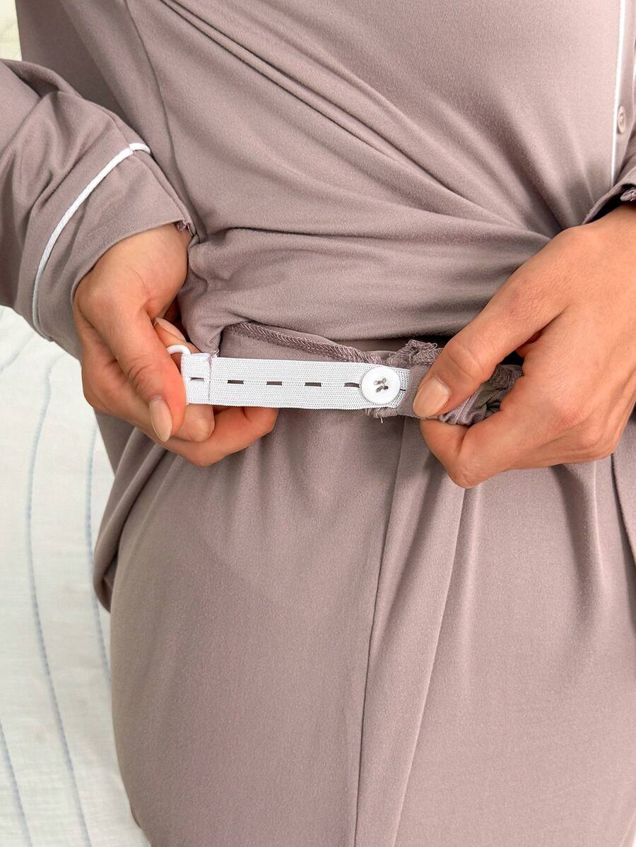 Burgundy Contrast Trim V-Neck Robe and Letter Embroidery Pants Maternity Lounge Set - 2 Piece Cozy Fall and Winter Sleepwear Set
