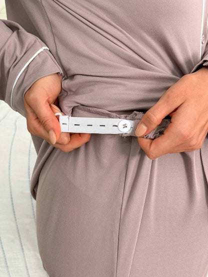 Burgundy Contrast Trim V-Neck Robe and Letter Embroidery Pants Maternity Lounge Set - 2 Piece Cozy Fall and Winter Sleepwear Set