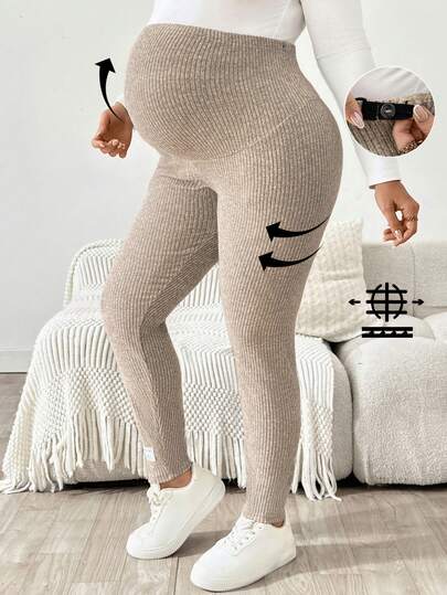 Plus Size Ribbed Knit Ultra High Waist Maternity Leggings - Adjustable Slim Fit Office Pants