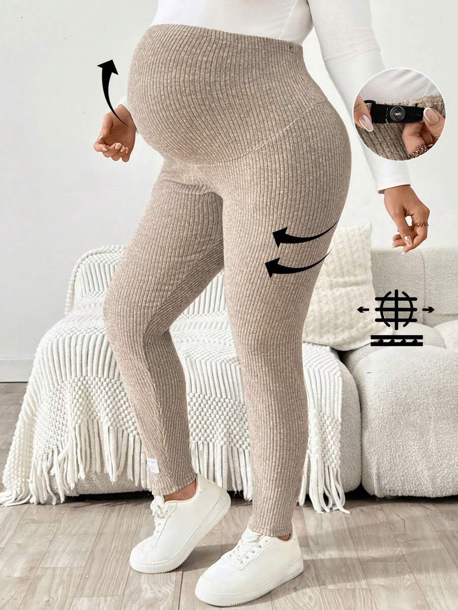 Plus Size Ribbed Knit Ultra High Waist Maternity Leggings - Slim Fit Office Commute Pants
