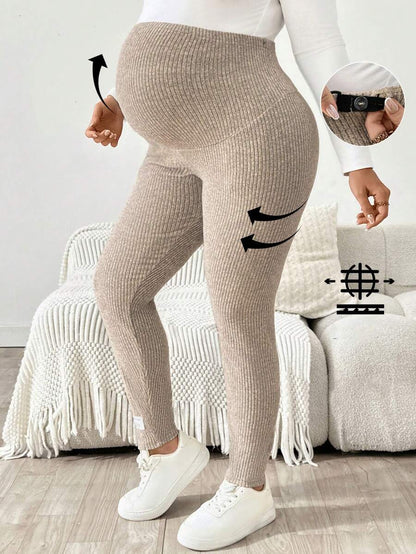 Plus Size Ribbed Knit Ultra High Waist Maternity Leggings - Adjustable Slim Fit Office Pants