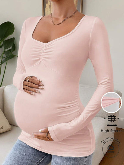 Maternity T-Shirt - Solid Rhinestone Collar Long Sleeve Pleated Casual Elegant, Pregnancy Nursing