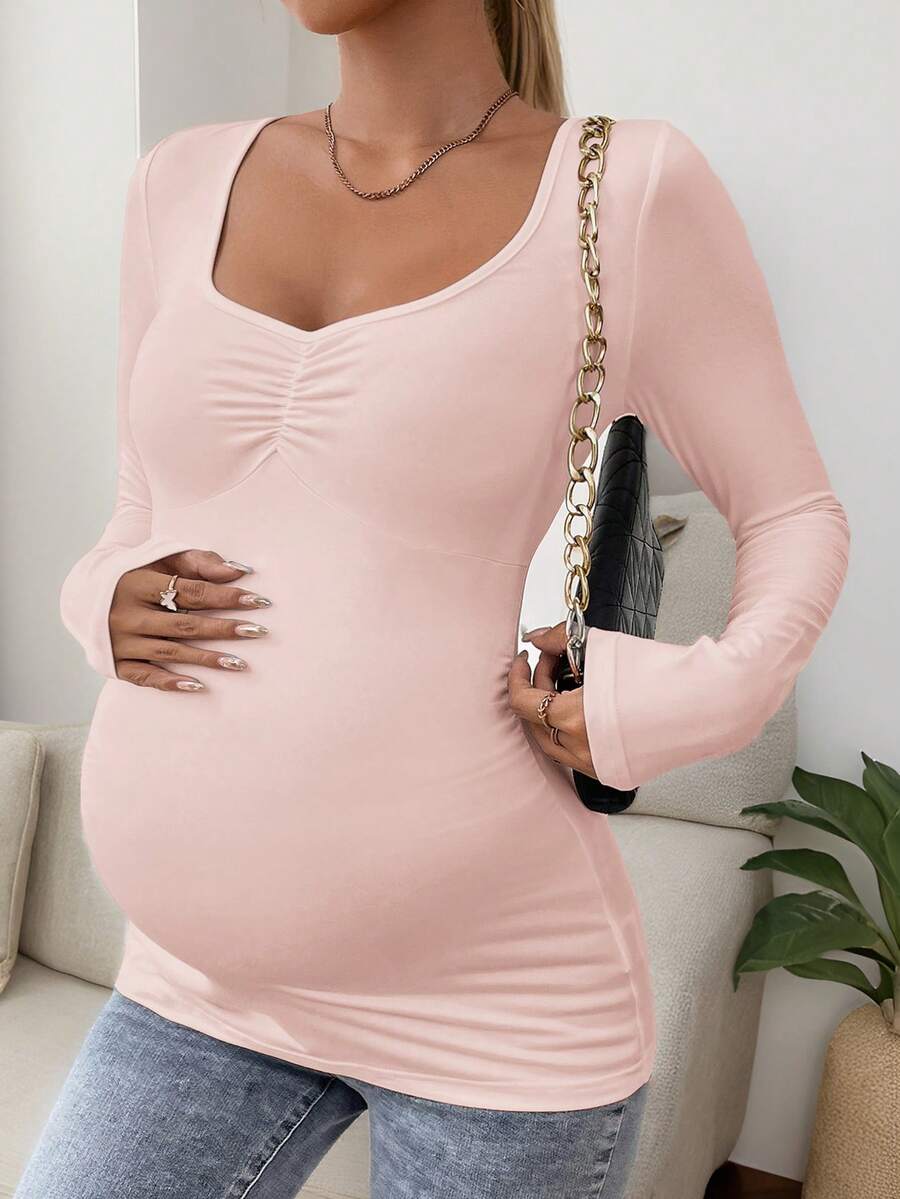 Maternity T-Shirt - Solid Rhinestone Collar Long Sleeve Pleated Casual Elegant, Pregnancy Nursing
