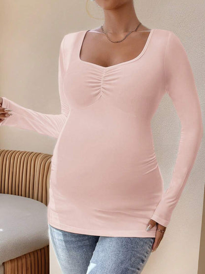 Maternity T-Shirt - Solid Rhinestone Collar Long Sleeve Pleated Casual Elegant, Pregnancy Nursing