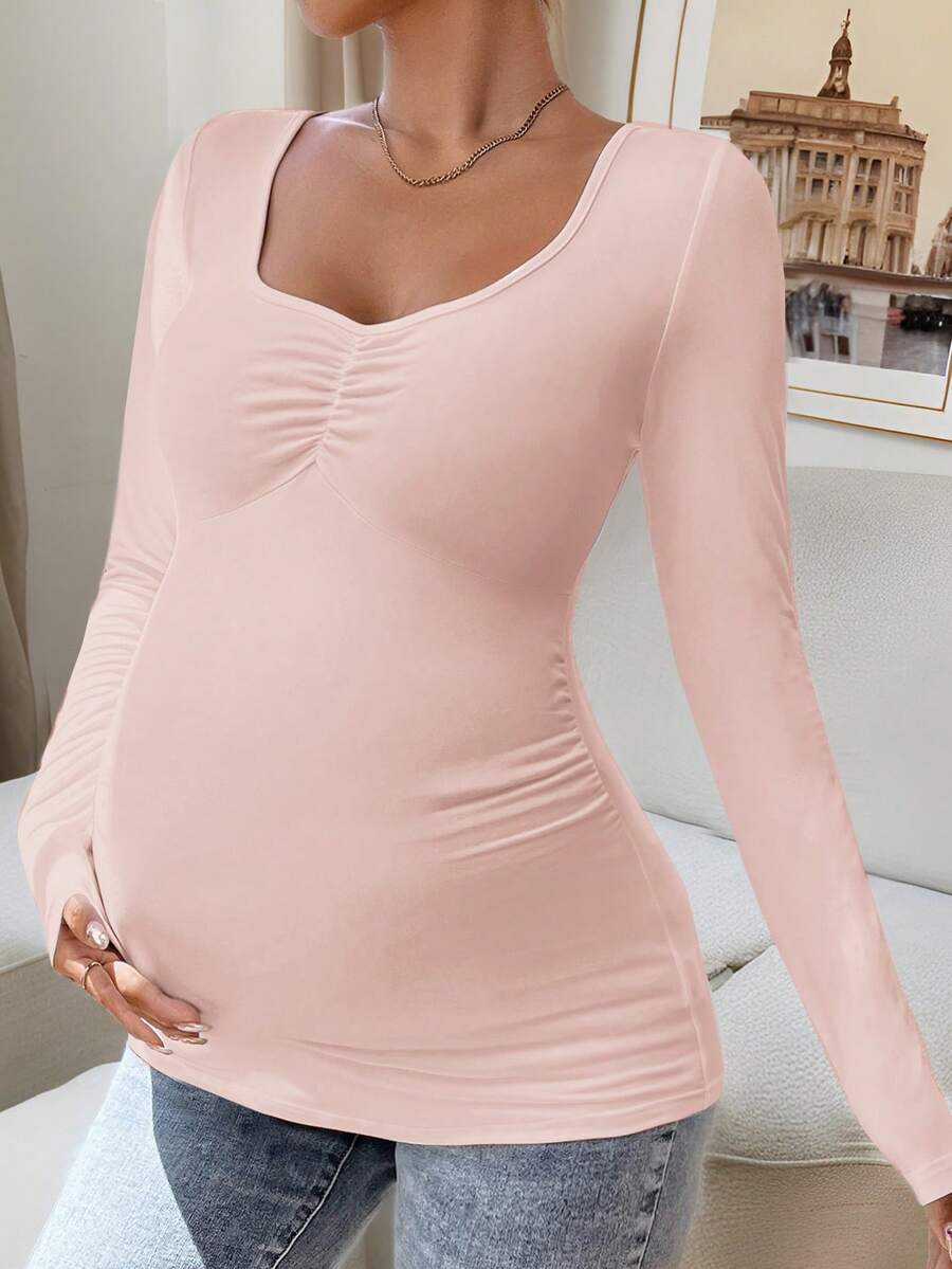 Maternity T-Shirt - Solid Rhinestone Collar Long Sleeve Pleated Casual Elegant, Pregnancy Nursing
