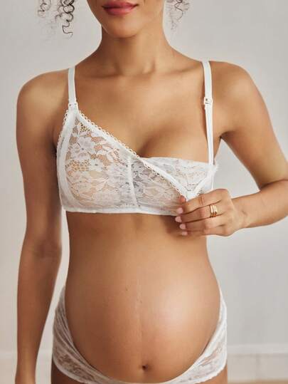 White Lace Patchwork Nursing Bra - Sexy Sheer Wireless Maternity Bralette with Snap Front and Backless Romantic French Style