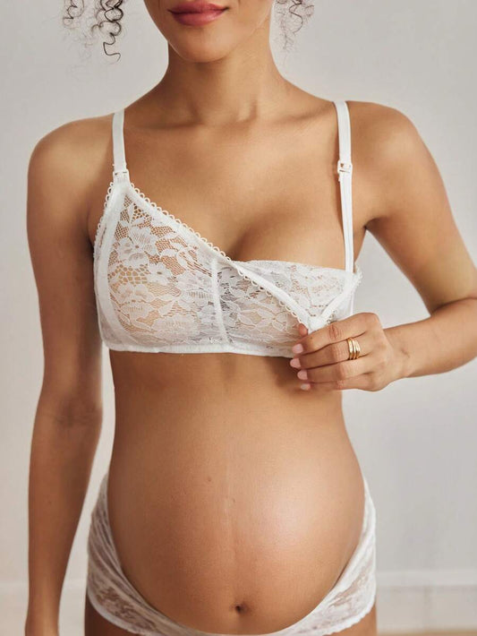 White Lace Patchwork Nursing Bra - Sexy Sheer Wireless Maternity Bralette with Snap Front and Backless Romantic French Style