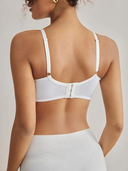 White Lace Patchwork Nursing Bra - Sexy Sheer Wireless Maternity Bralette with Snap Front and Backless Romantic French Style