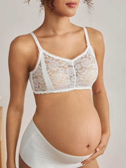 White Lace Patchwork Nursing Bra - Sexy Sheer Wireless Maternity Bralette with Snap Front and Backless Romantic French Style