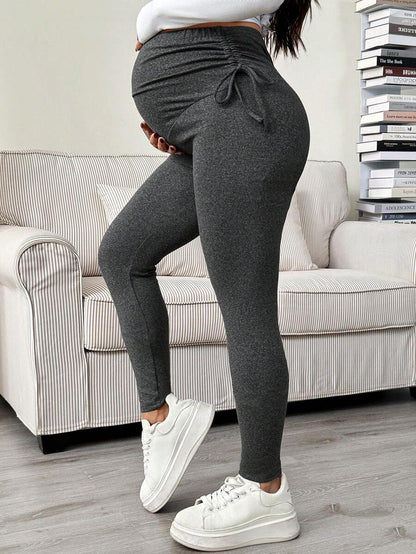Maternity Ultra High Waist Adjustable Drawstring Cropped Leggings Solid Black High Stretch Casual Lounge Pants