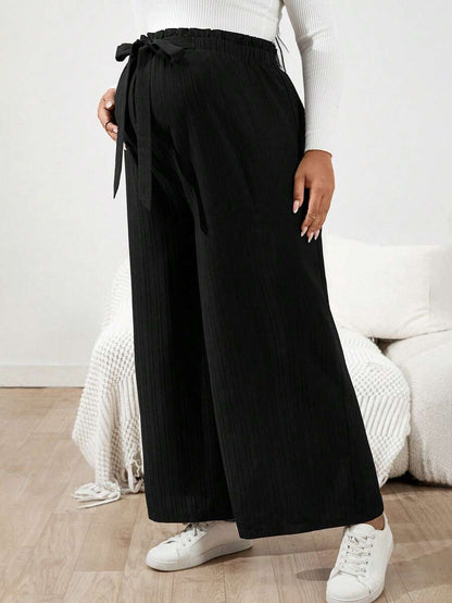 Plus Size Maternity Wide Leg Pants - Belted Knot Waist, Ultra High Waist, Loose Fit, Black
