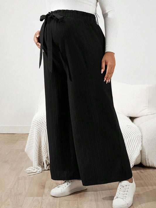 Plus Size Maternity Wide Leg Pants - Belted Knot Waist, Ultra High Waist, Loose Fit, Black