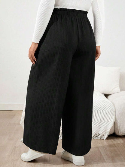 Plus Size Maternity Wide Leg Pants - Belted Knot Waist, Ultra High Waist, Loose Fit, Black