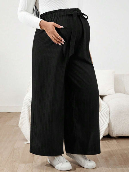 Plus Size Maternity Wide Leg Pants - Belted Knot Waist, Ultra High Waist, Loose Fit, Black