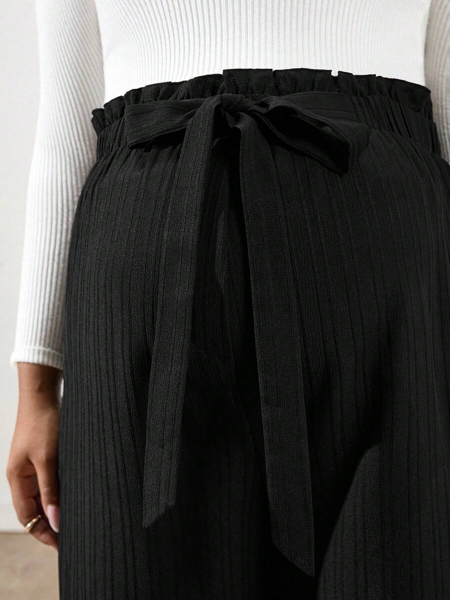 Plus Size Maternity Wide Leg Pants - Belted Knot Waist, Ultra High Waist, Loose Fit, Black