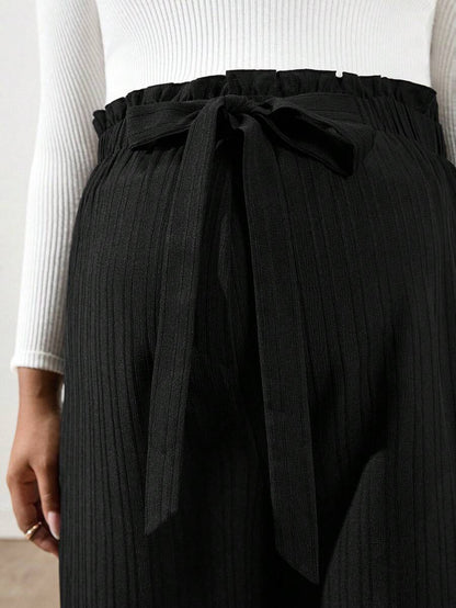 Plus Size Maternity Wide Leg Pants - Belted Knot Waist, Ultra High Waist, Loose Fit, Black