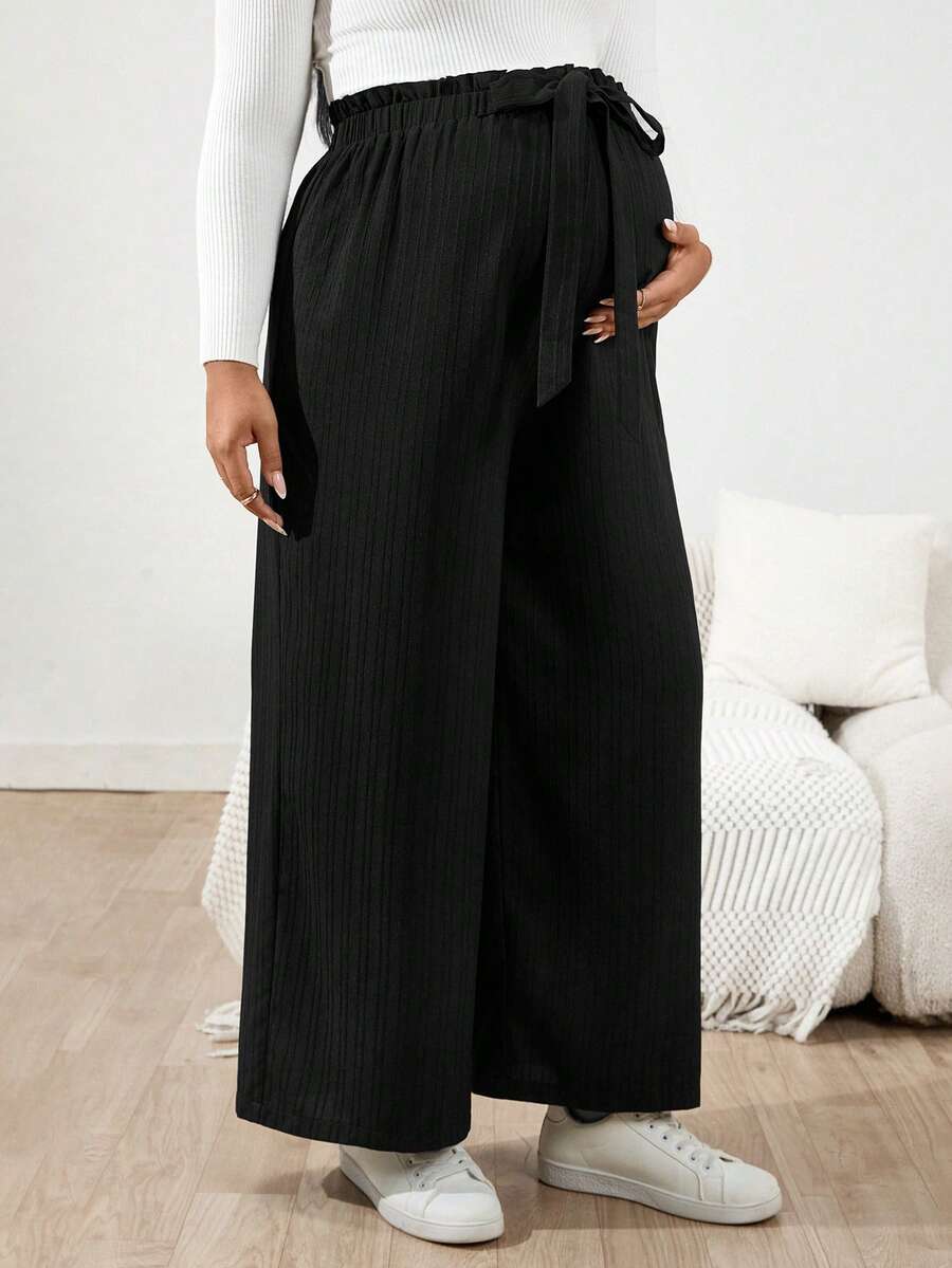 Plus Size Maternity Wide Leg Pants - Belted Knot Waist, Ultra High Waist, Loose Fit, Black