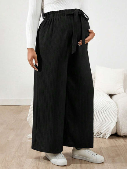 Plus Size Maternity Wide Leg Pants - Belted Knot Waist, Ultra High Waist, Loose Fit, Black