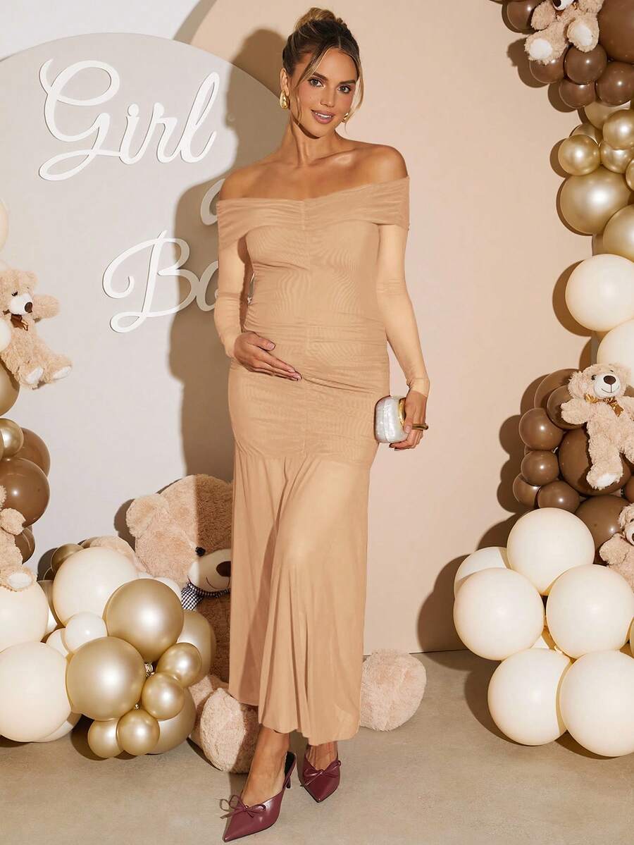 Maternity Off Shoulder Ruched Fishtail Dress - Long Sleeve Solid Color Fitted Elegant Gown for Baby Shower, Gender Reveal & Photoshoot