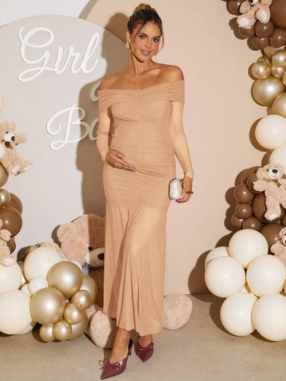 Maternity Off Shoulder Ruched Fishtail Dress - Long Sleeve Solid Color Fitted Elegant Gown for Baby Shower, Gender Reveal & Photoshoot