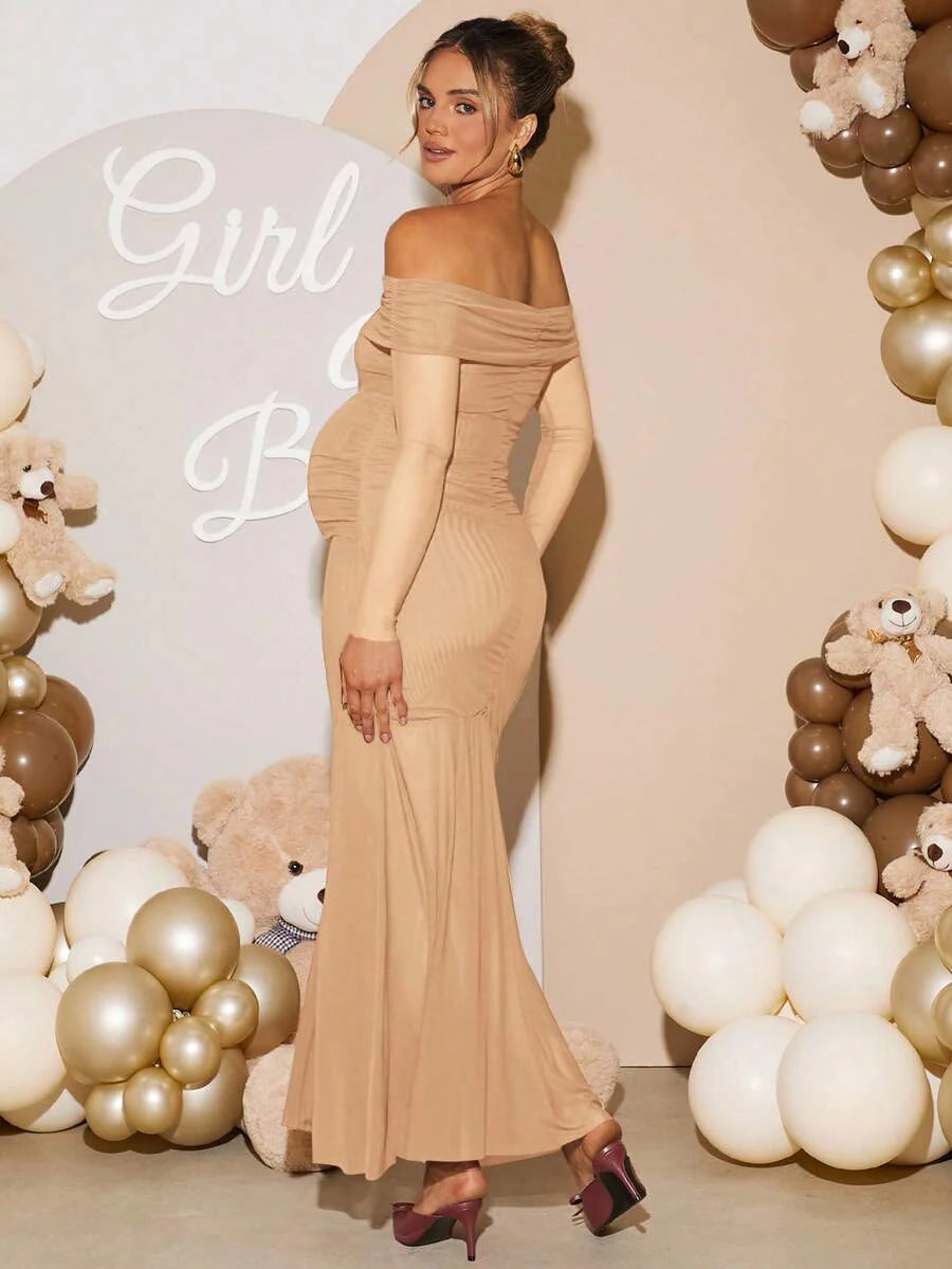 Maternity Off Shoulder Ruched Fishtail Dress - Long Sleeve Solid Color Fitted Elegant Gown for Baby Shower, Gender Reveal & Photoshoot