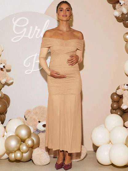Maternity Off Shoulder Ruched Fishtail Dress - Long Sleeve Solid Color Fitted Elegant Gown for Baby Shower, Gender Reveal & Photoshoot