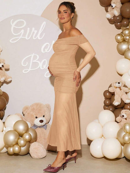 Maternity Off Shoulder Ruched Fishtail Dress - Long Sleeve Solid Color Fitted Elegant Gown for Baby Shower, Gender Reveal & Photoshoot