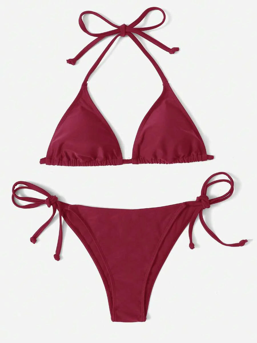 Women's Plain Halter Bikini Set - Knot Detail, Tie Side, Triangle Cup, Navy Blue