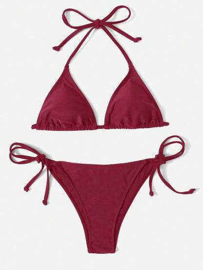Women's Plain Halter Bikini Set - Knot Detail, Tie Side, Triangle Cup, Navy Blue