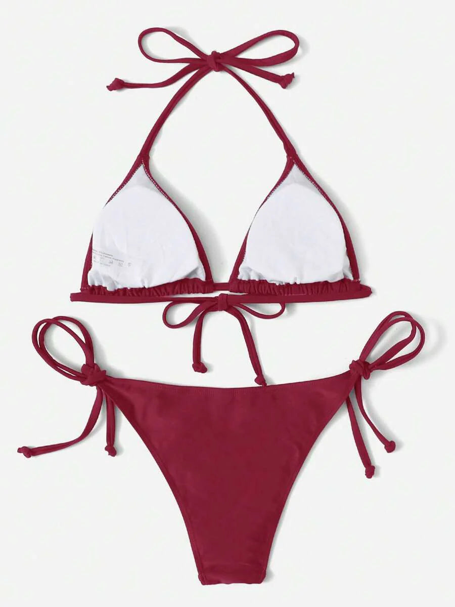 Women's Plain Halter Bikini Set - Knot Detail, Tie Side, Triangle Cup, Navy Blue
