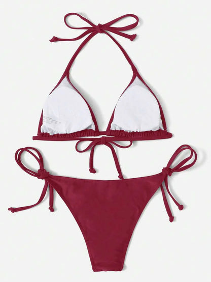 Women's 2-Piece Halter Bikini Set - Leopard & Floral Print, Tie Side, Triangle Cup, Multicolor