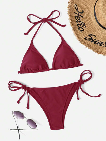 Women's Plain Halter Bikini Set - Knot Detail, Tie Side, Triangle Cup, Navy Blue