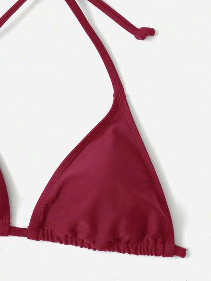 Women's Plain Halter Bikini Set - Knot Detail, Tie Side, Triangle Cup, Navy Blue
