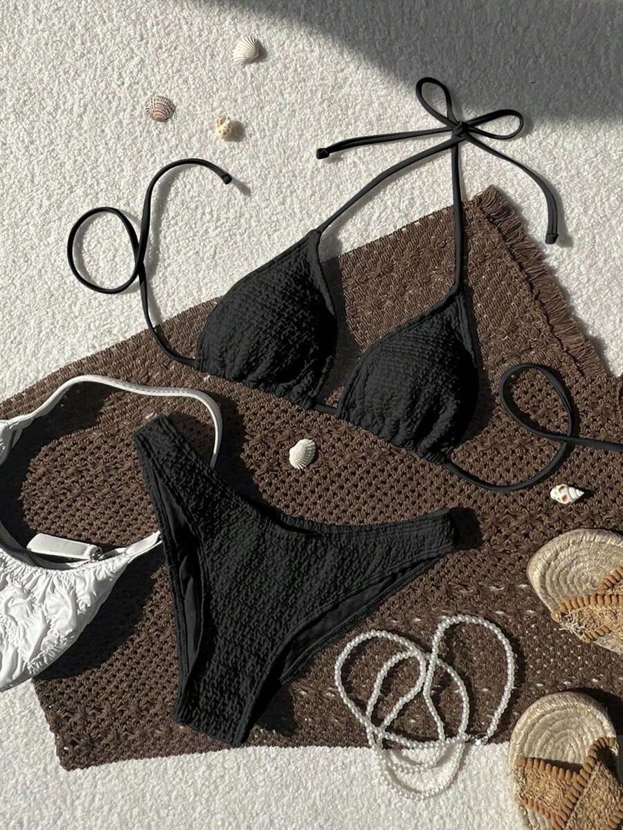 Women's Spaghetti Strap Halter Bikini Set - Tie Back, Side High Cut, Triangle Cup, White