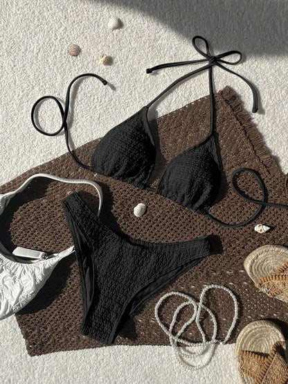 Women's Spaghetti Strap Halter Bikini Set - Tie Back, Side High Cut, Triangle Cup, White