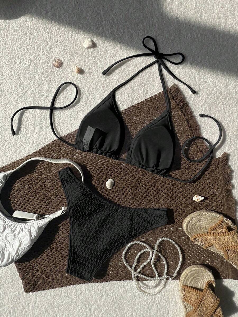 Women's Spaghetti Strap Halter Bikini Set - Tie Back, Side High Cut, Triangle Cup, White