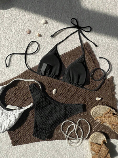 Women's Spaghetti Strap Halter Bikini Set - Tie Back, Side High Cut, Triangle Cup, White