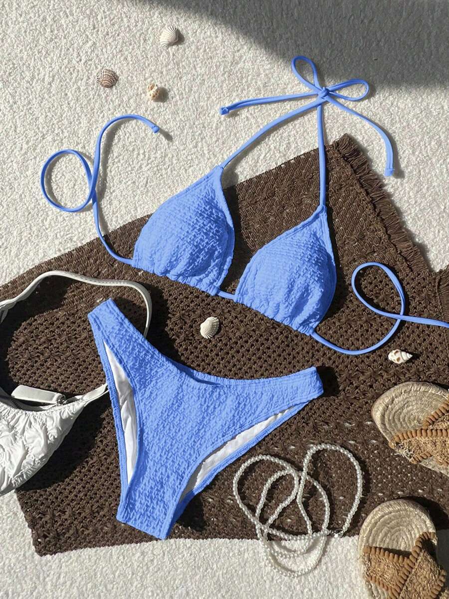 Women's Spaghetti Strap Halter Bikini Set - Tie Back, Side High Cut, Triangle Cup, White