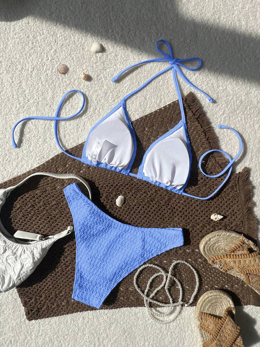 Women's Spaghetti Strap Halter Bikini Set - Tie Back, Side High Cut, Triangle Cup, White