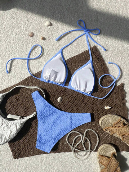 Women's Spaghetti Strap Halter Bikini Set - Tie Back, Side High Cut, Triangle Cup, White
