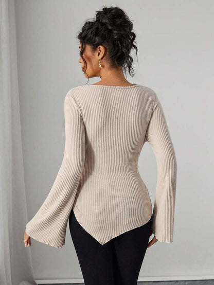 Asymmetrical Neckline Long Sleeve Maternity T-Shirt - Lettuce Hem Ruffle Autumn Winter Top