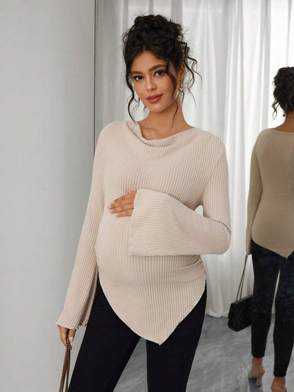 Asymmetrical Neckline Long Sleeve Maternity T-Shirt - Lettuce Hem Ruffle Autumn Winter Top
