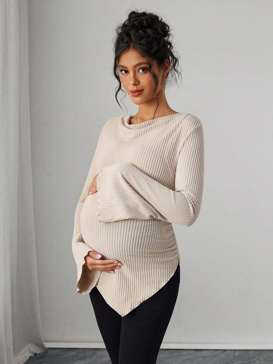 Asymmetrical Neckline Long Sleeve Maternity T-Shirt - Lettuce Hem Ruffle Autumn Winter Top